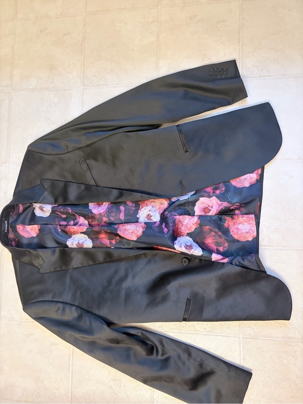 Express Black Blazer with Pink Floral Lining